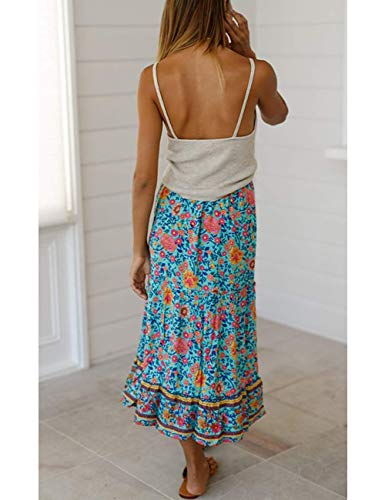 Merokeety Women's Boho Floral Print Elastic High Waist Pleated A Line Midi Skirt Green #TOP2