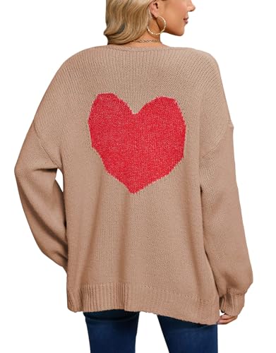 Image of Women's Tie Cardigan Sweaters Long Sleeve Chunky Knit Big Cute Heart Sweater Coats Khaki Large