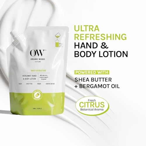 Organic Works Bergamot Hand & Body Lotion – 500 ml 99.99% Natural 24hr Calming & Moisturising with Aloe Vera,Orange Peel Oil & Shea Butter–Suitable for Dry Skin,Protective Care for Soft & Supple Skin