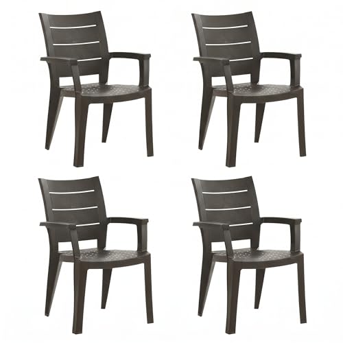 SHAF - Pack 4 Sillas de Jardín Apilables– Exterior Terraza y Catering – Plástico Reciclado Resistente UV – Diseño Ergonómico – Modelo Legno con Textura de imitación a Madera – Antracita