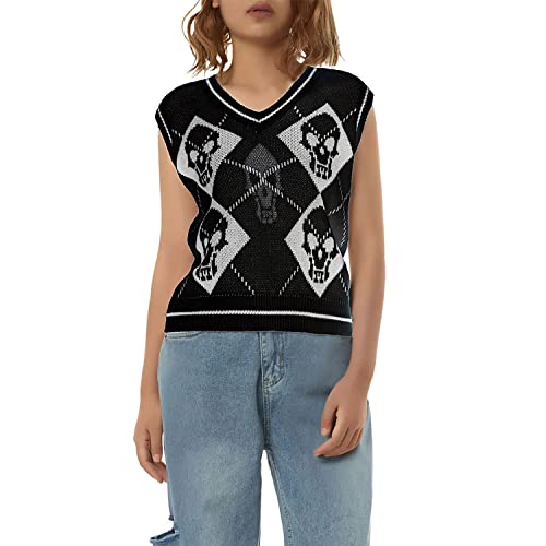 Women's Sleeveless Sweater Vest Halloween Skull Printed Knit Vest V Neck Crop Pullover Knitwear Tank Tops2