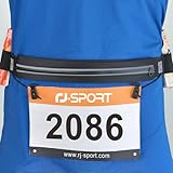 RJ-Sport Laufgürtel für Handy - wasserdichte Lauftasche, Sportgürtel Hüfttasche, Triathlon Startnummernband Laufgurt mit Bauchtasche & Verstellbarem Gummiband & Nummernhalter &6 Gel-Halter (Schwarz)