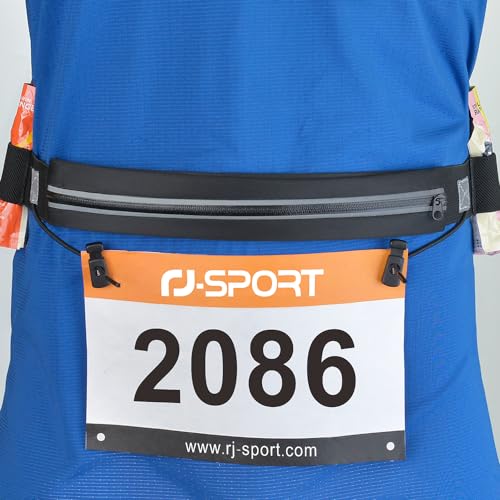 RJ-Sport Laufgürtel für Handy - wasserdichte Lauftasche, Sportgürtel Hüfttasche, Triathlon Startnummernband Laufgurt mit Bauchtasche & Verstellbarem Gummiband & Nummernhalter &6 Gel-Halter (Schwarz)