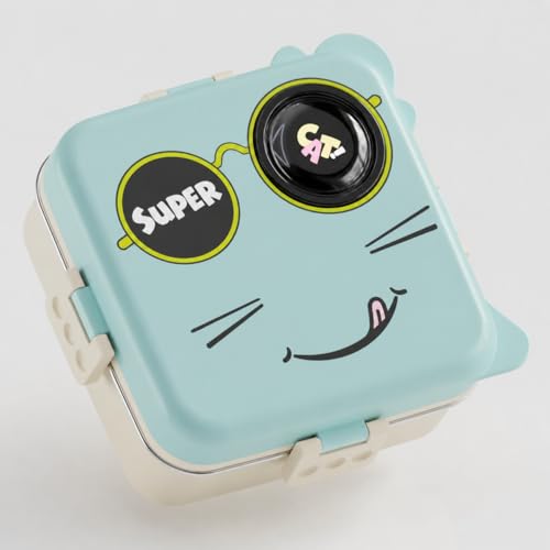 Image of Lunch Box for School Travel Work Gym, 3 Compartment Bento Box, Portable Tiffin Box, Stainless Steel Food Container, Leakproof Meal Box with Spoon, 1120ml + 70ml (Mint Blue, Super Cat)