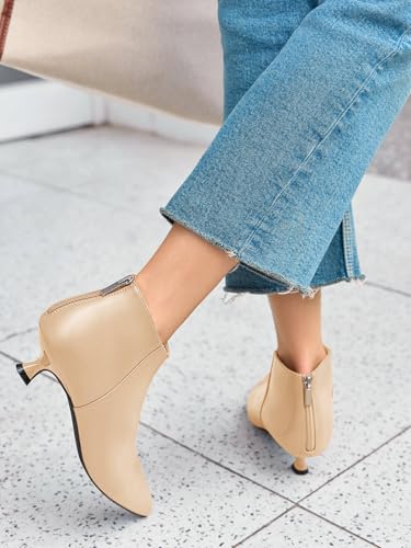 Image of Coutgo Womens Kitten Low Heel Booties Pointed Toe Short Ankle Boots Back Zipper Fall Shoes