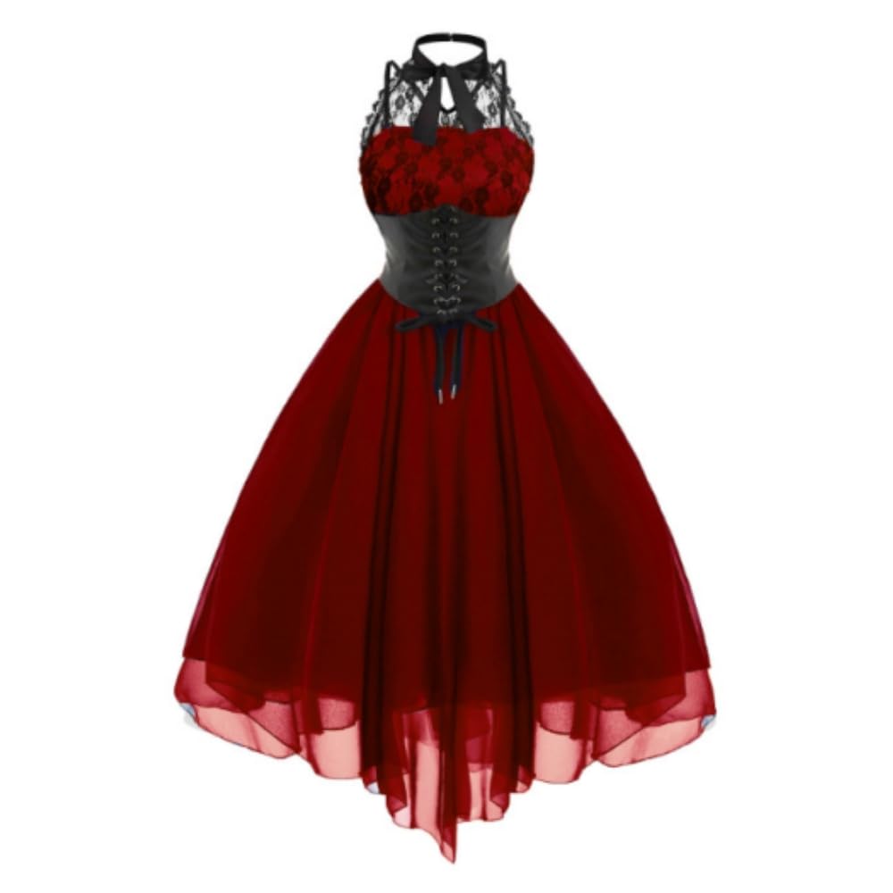 Retro Robe Bretelles Femme Longue Ourlet a Volant Asymetrique A-Line Victorienne Steampunk Gothique Medieval Deguisement Halloween Costume Femme Mini Soirée Robes Punk Robes de Club