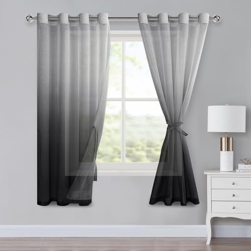 XWZO Lot de 2 rideaux ombrés avec œillets - Voilage transparent dégradé pour chambre à coucher et salon - Noir - H 175 x l 140 cm