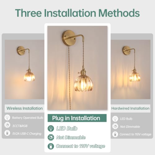 Image of Shenmoyl Vintage Wall Sconce Wall Lamp with Amber Tulip Glass Shade Hanging Wall Sconce with 4.9FT Plug in Cord, Modern Wall Lamp Fixtures Decor for Bedside Bedroom Indoor Doorway