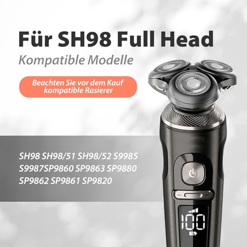 SH98 Komplett Ersatz Rasierkopf, kompatibel mit Philips Norel * o Serie 9000 Rasierkopf, Präzisionsrasierkopf mit Metallhalter und Doppelschichtklingen, mit Reinigungsbürste, Silber