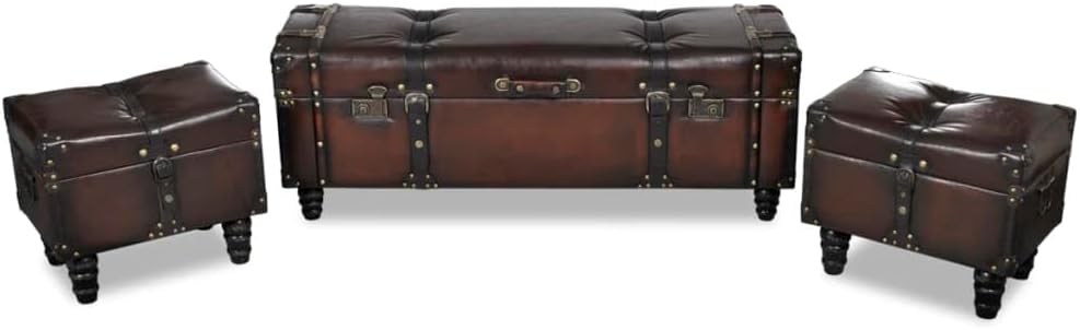 3 pcs Storage Benches, Entryway Storage Bench, Unique Storage Bench Includes Large Storage Bench and 2 Small Bench, Dark Brown Solid Wood Pine&Faux Leather,-34
