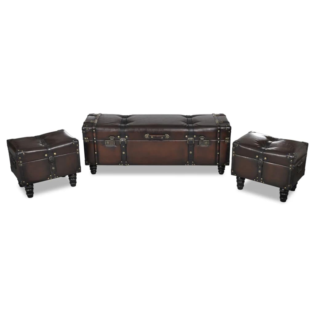 Coffres de rangement bois massif et cuir texturé marron foncé avec finitions touffetées luxe