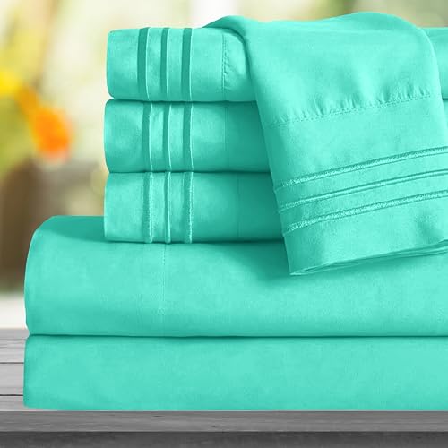 Image of Mocassi Twin Sheet Set - Luxury Hotel 1800 Premier Bedding Sheets & Pillowcases - Ultra Soft Breathable & Cooling Bed Sheets - Deep Pocket - Wrinkle Resistant - 4 Piece Set - Twin, Paradise Teal