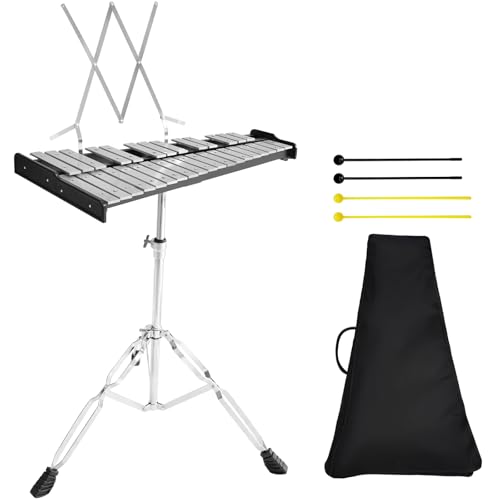 Julymoda 32 Notes Glockenspiel Xylophone Bell Kit, Professional Xylophones for Beginner with Adjustable Stand, Music Stand, Sticks, Aluminum Percussion Instrument Set for Adult (silvery)
