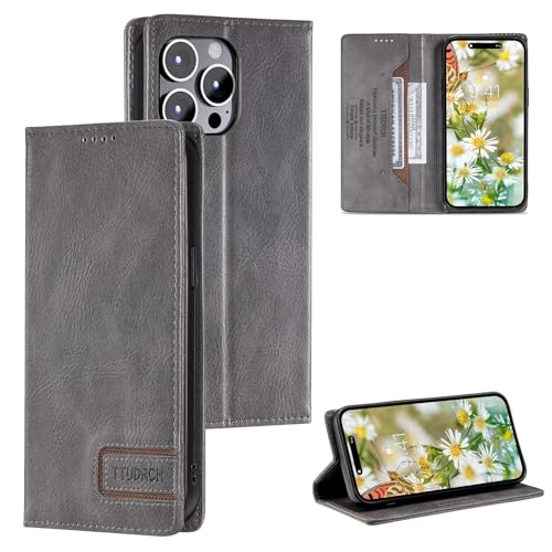 Étui portefeuille iPhone 14 Pro gris anti-rayures avec cuir magnétique