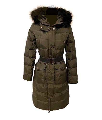 MICHAEL Michael Kors Women's Faux Fur Trim Hooded Belted Puffer Coat Dark Olive (XL)