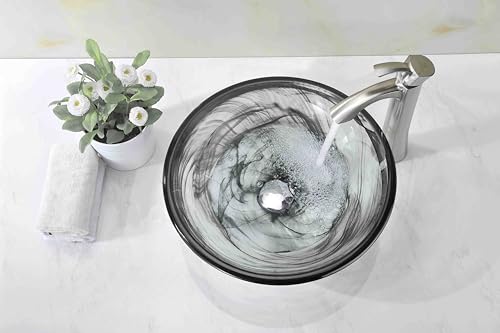 ANZZI Mezzo ModernTempered Glass Vessel Bowl Sink in Slumber Wisp | Grey Top Mount Bathroom sinks above counter | Round Vanity Countertop Sink Bowl with Pop Up Drain | LS-AZ054