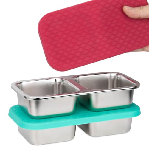 DOSEWART 2-Compartment 10oz Stainless Steel Snack Containers, Reusable Snack Containers with Silicone Lids Lunch Box for Meal Prep Food Storage On-the-Go Snacking(2 Pack)