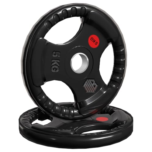 ManiBoom Discos Pesas Hierro ENGOMADO 30mm y 50mm Olimpica con Anillo Interior de Acero y Triple Agarre ERGONOMICO - Disco para Barra o Mancuernas 2,5kg, 5kg, 10kg, 15kg, 20kg (Ø30MM - 2 x 5KG)