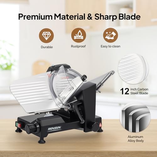 Image of ROVSUN 12inch Commercial Meat Slicer, 500W Electric Deli Food Slicer with Premium Chromium-plated Steel Blade, 0-15 mm Adjustable Thickness, ETL Certified for Frozen Meat Ham Baguett Steak, Black