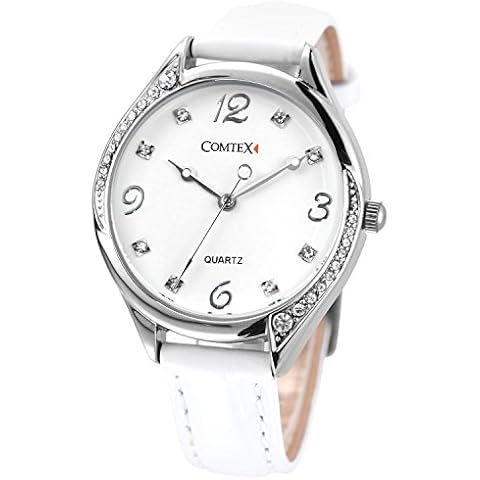 Comtex Women's Wrist Watch White Leather Quartz Analogue Display Water Resistant Cover