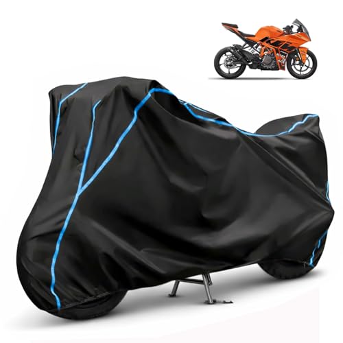 Image of Compatible with KTM RC 390 Waterproof Two Wheeler Bike Body Cover Water Resistant, Heavy Duty, UV Rays, Dust & Scratch Protection for All-Modal & Variants (Black,Sky Blue Piping)
