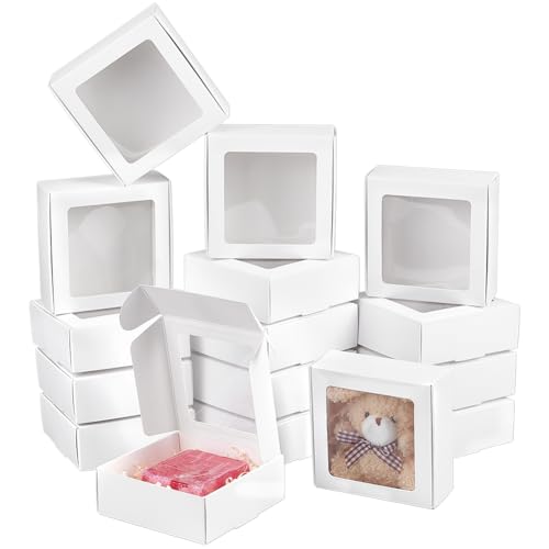 BENECREAT 48 Caja de Papel Blanca Cuadrada, Cajas de Regalo con Ventana Transparente para Recuerdos de Bodas, Panadería, Joyas, Embalaje, 9.5x9.5x3.5cm