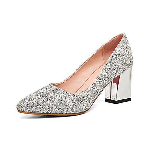 Women's Sparkling Glitter Chunky Heel Closed Toe Pumps Comfortable Mid Block Heel Slip-on Classic Party Dress Shoes