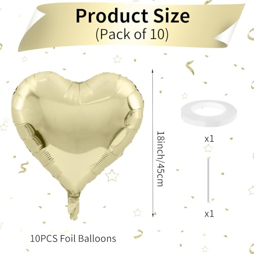 Image of Pastel Gold Heart Balloons - 18 Inch Foil, 10 Pcs Love Balloons for Valentines Day, Birthday, Wedding, Bridal, Baby Shower Decorations