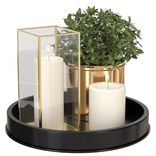 HGF Decorative Tray for Coffee Table,10 Inch Lightweight Metal Round Trays for Kitchen Sink Countertop Organizer Dining Table Centerpiece for Display Candle Vase, Black Round Tray for Bathroom Decor
