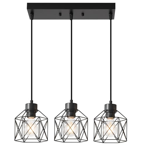 ROCUNSI 3-Light Hanging Pendant Light Fixtures, Farmhouse Kitchen Island Light Fixture, Industrial Hanging Pendant Lighting for Dining Room Bedroom Hallway, Black Metal Cage Pendant Lamp, E26 Base