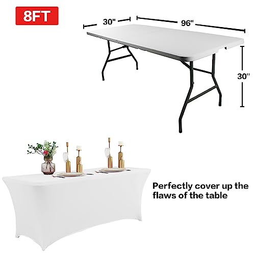 Image of IVAPUPU 8FT Table Cloth for Rectangular Fitted Events Stretch White Table Covers Washable Spandex Spring Tablecloth Protector for Party, Wedding, Cocktail, Banquet, Festival