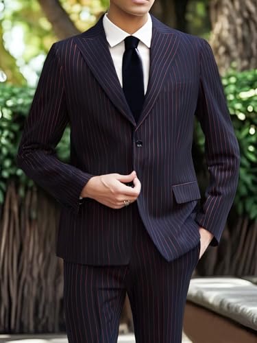 i·FineLong Mens 2 Piece Stripe Suit Set Center Vent 2 Button Wedding Dance Tux Blazer Jacket Pants Set2