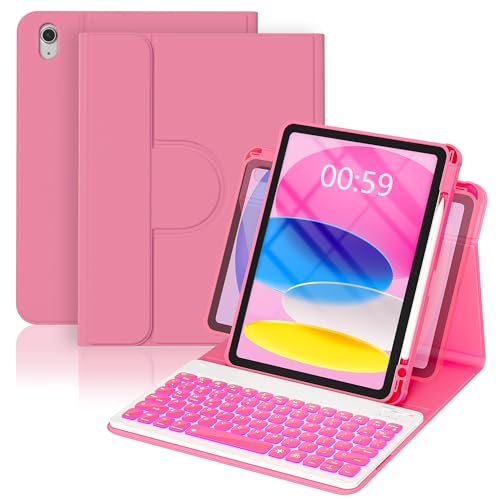 Image of YBING for iPad A16 Case with Keyboard /11th Gen (2025) & iPad 10th Gen 10.9 inch (2022), 7-Color Backlit Detachable Keypad, 360 Rotating Magnetic Cover with Pencil Holder (Watermelon Red)