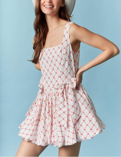 Image of Women Y2K Tie Shoulder Mini Dress Bow Babydoll Ruffle Short Dress Summer Boho Floral Flowy Beach Sundress