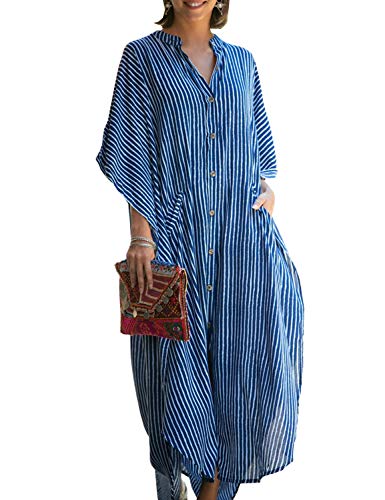Chunoy Womens Button Down V Neck Kimono Sleeve Long Kaftan Beachwear Cover Up Maxi Dress2