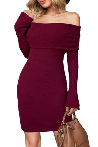 Arach&Cloz 2025 Women's Fall Off The Shoulder Going Out Knit Dress Elegant Winter Long Sleeve Bodycon Cocktail Dresses Party Outfit Date Night Wear Burgundy Red M