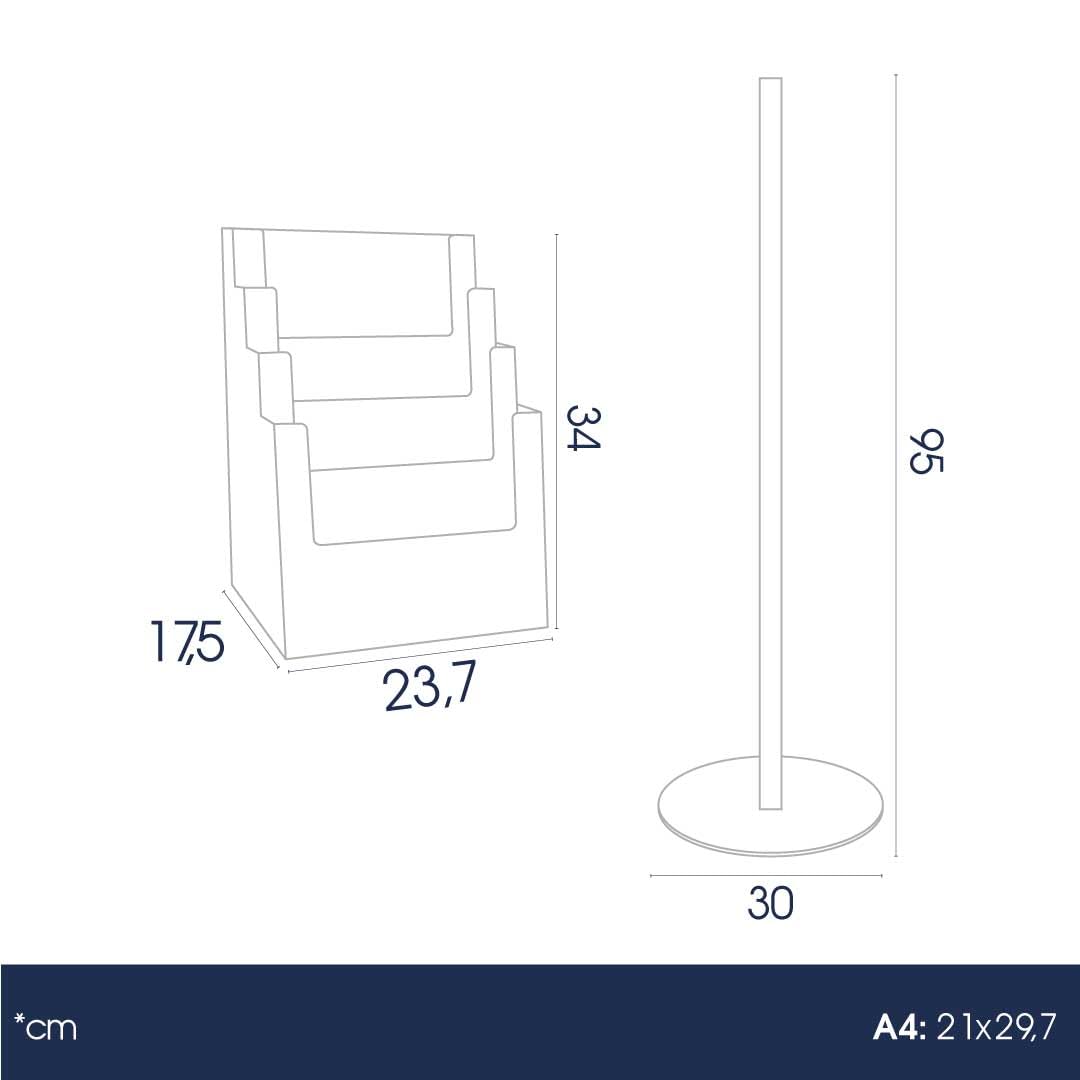 Danieli - Porta Depliant da Terra in Acrilico Trasparente A4 con 4 tasche, per Riviste e Brochure. Porta Volantini Resistente da Utilizzare come Espositore per Ufficio e Negozi. (Alluminio Nero)