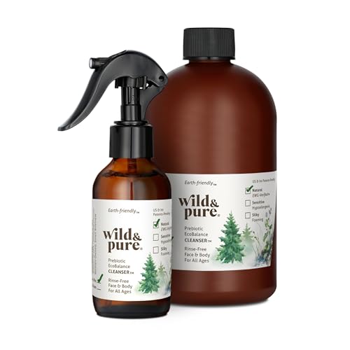 Wild & Pure Natural Skin Spray Body Wash Starter Set (4oz + 18oz Refill) | Cleanser, Deodorizer, Moisturizer for Face, Hands, Body | pH-Balanced, Microbiome-Friendly EcoBalance Skincare