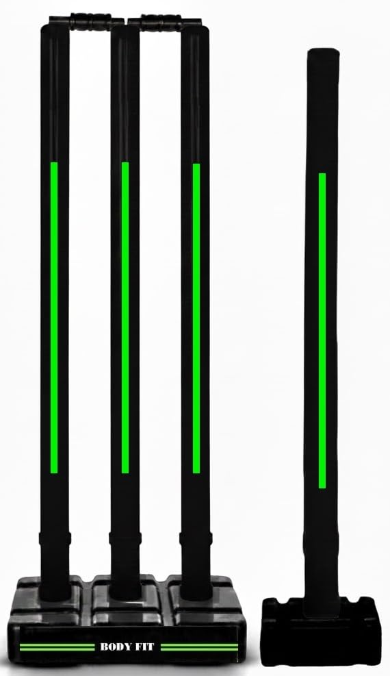 Image of Bodyfit Heavy Black Cricket Stumps | Plastic Wickets Set with 4 Stumps + 2 Bails + 2 Stands | Full Size Wickets for Cricket Ground, Tournament Wicket,Black with Green Accents.