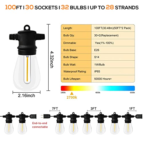 Fmart Led Outdoor String Lights, 2*50Ft(100Ft Total) Hanging Lights Dimmable Commercial Grade Ul Etl Listed Waterproof, 2X15 Sockets 1W 2700K Shatterproof Edison S14 Bulbs(2 Spare) Heavy Duty Lights #TOP5