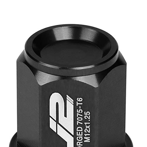 Image of J2 Engineering LN-T7-024-125-BK 20Pcs M12 x 1.25 7075-T6 Aluminum 35mm Close-End Lug Nut w /Socket Adapter (Black)