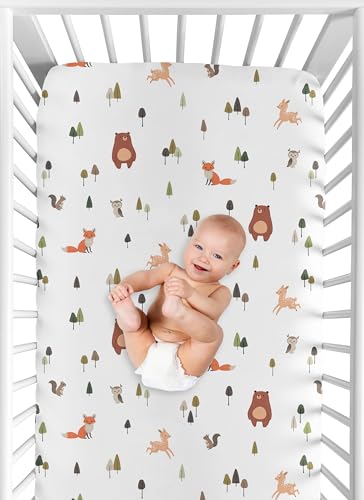 Image of Sweet Jojo Designs Fitted Baby Crib Sheets (Woodland Animals) for Boys or Girls, Infant Nursery, Toddler Room -Standard Size (Watercolor, Forest Animal, Brown Bear, Fox, Deer, Squirrel, Woodsy Pals)