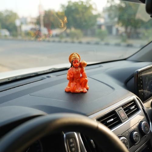Image of Orange Hanuman Ji Murti Blessing Hanuman Idol Sitting Bajrangbali Balaji Sankat Mochan Bhagwan Statue with Gada for Temple Mandir Car Dashboard Home Decor Resin Hanuman Statue 3.1 Inches