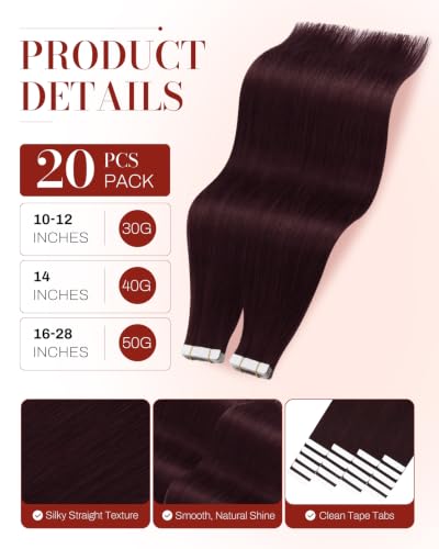 Image of Moresoo Wine Red Tape in Hair Extensions Human Hair Invisible Hair Extensions Tape in Burgundy Tape in Extensions Real Hair Seamless Glue in Human Hair Extensions 16 Inch #99J 20pcs 50g