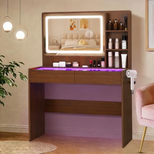 Image of Makeup Vanity Desk with LED Mirror & RGB Lights, Glass Top Vanity Table for Women, Adjustable Brightness & 3 Color Modes, 2 Drawers Storage, Peach Modern Bedroom Vanity Set