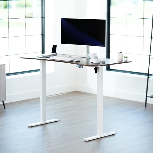 Image of VIVO Electric 63 x 32 in Standing Desk, Memory Height Adjustment, 1B Series, Holds 220 lbs, Dark Walnut Top White Frame, DESK-KIT-1W1D