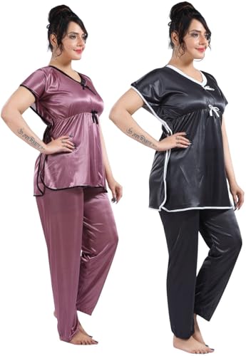 Image of Fabme Women's Satin Plain Kaftan Top & Pyjama Set