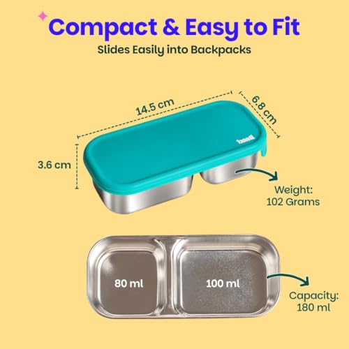 Image of Basil Stainless Steel 2 Compartment Pickle & Dip Container | Chutney Box for Tiffin | Leak Proof Container with Food Grade Silicone Lid | Dip Box for Ketchup & Sauces | School & Office - Green