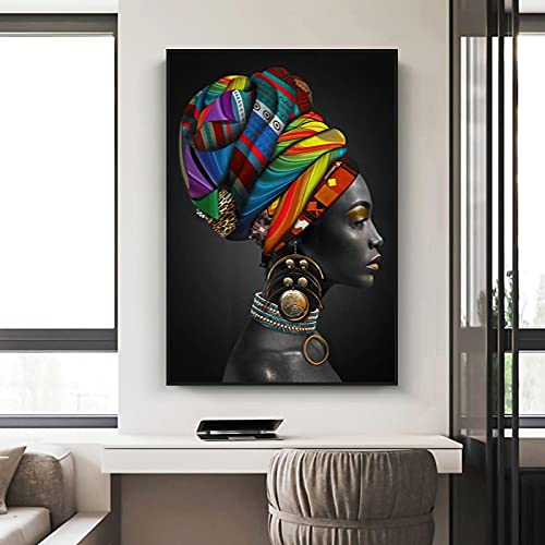 Toile peinture femme africaine art mural poétique noir et or pour chambre