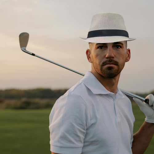 Image of 5 Pack Bulk Cuban Fedora Sun Hats Men with Adjustable Strap, Short Brim 1920s Unisex Party Costume Hats Women.